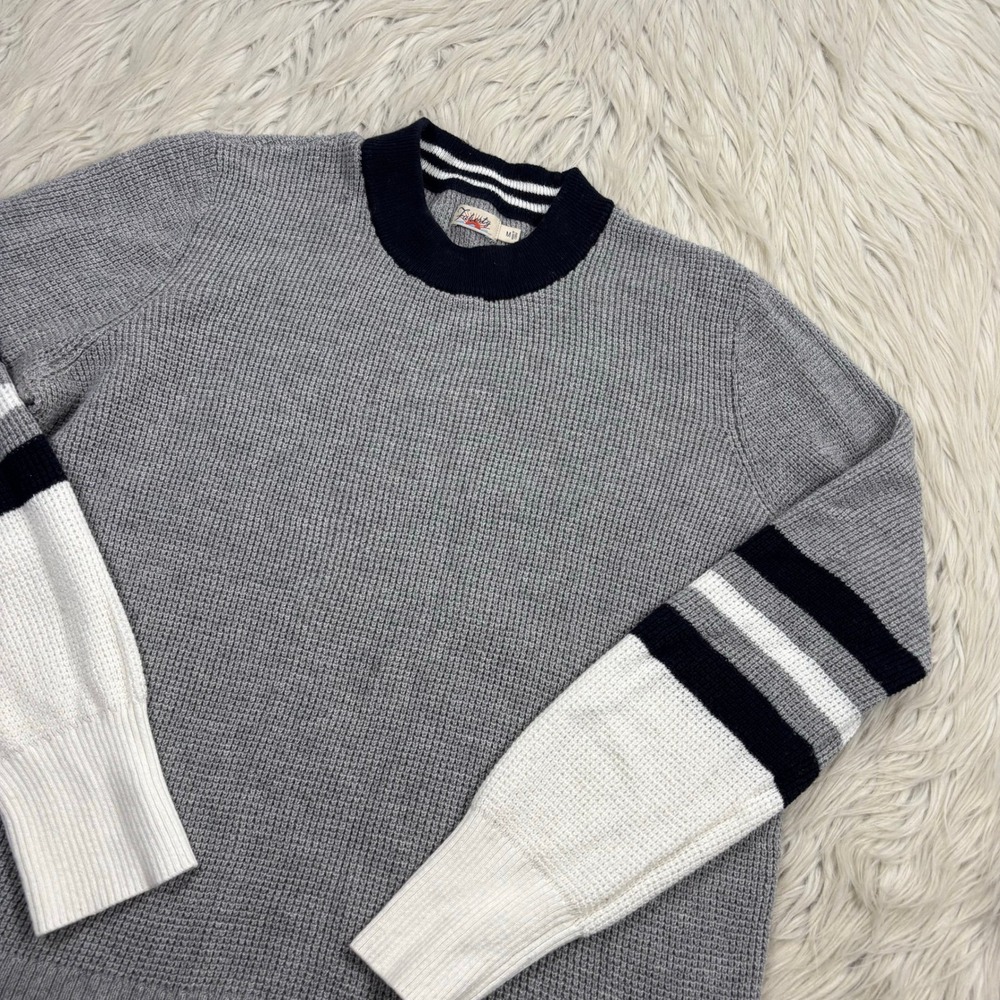 Faherty Women's M Throwback Sweater Gray Navy Varsity Preppy Sporty Tomboy - Picture 2 of 7
